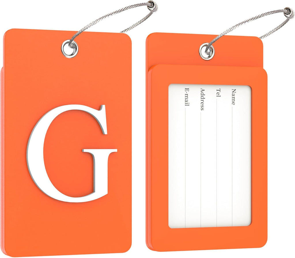 Gostwo 2 Pack Luggage Tags for Suitcases, 26 Initial Letter Travel Luggage Baggage Identification Labels ID Tag Fully Bendable Tags with Stainless Steel Loop (Orange) (Letter G)
