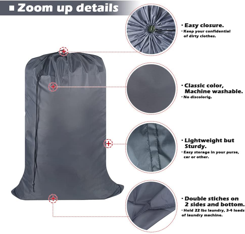 Washable Travel Laundry Bag with Drawstring (3 Pack), Large Dirty Clothes Bag Fit a Laundry Basket or Clothes Hamper, Enough to Hold 4 Loads of Laundry,26x39 inches Grey 3
