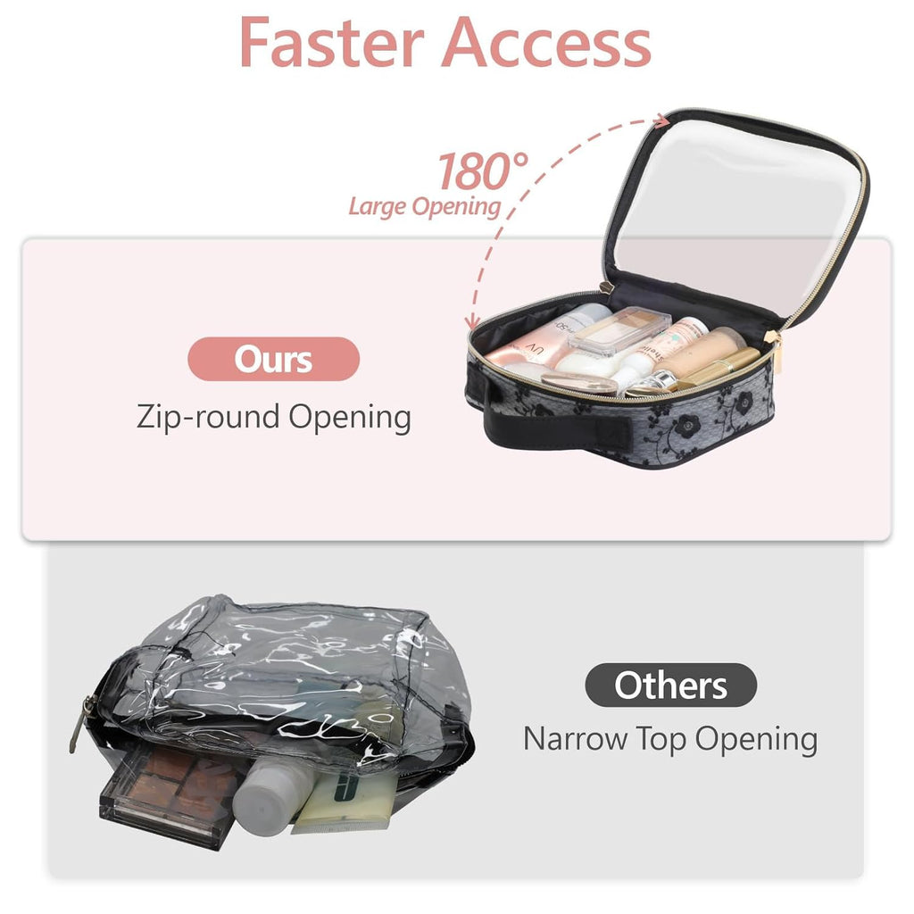 PACKISM Floral Texture Lace TSA Approved Toiletry Bag - 180° Large Opening Clear Makeup Bags in 2 Size, Clear Cosmetic Bags with Handle, 0.5 mm Thick Non-deformable No Smell, Black
