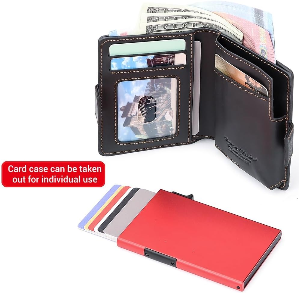 Mens Wallet Card Holder: Pop Up Aluminum Case, Genuine Leather, Smart, RFID Blocking, Slim, Minimalist, Front Pocket - 9-12Capacity | ID Window | Cash Slot