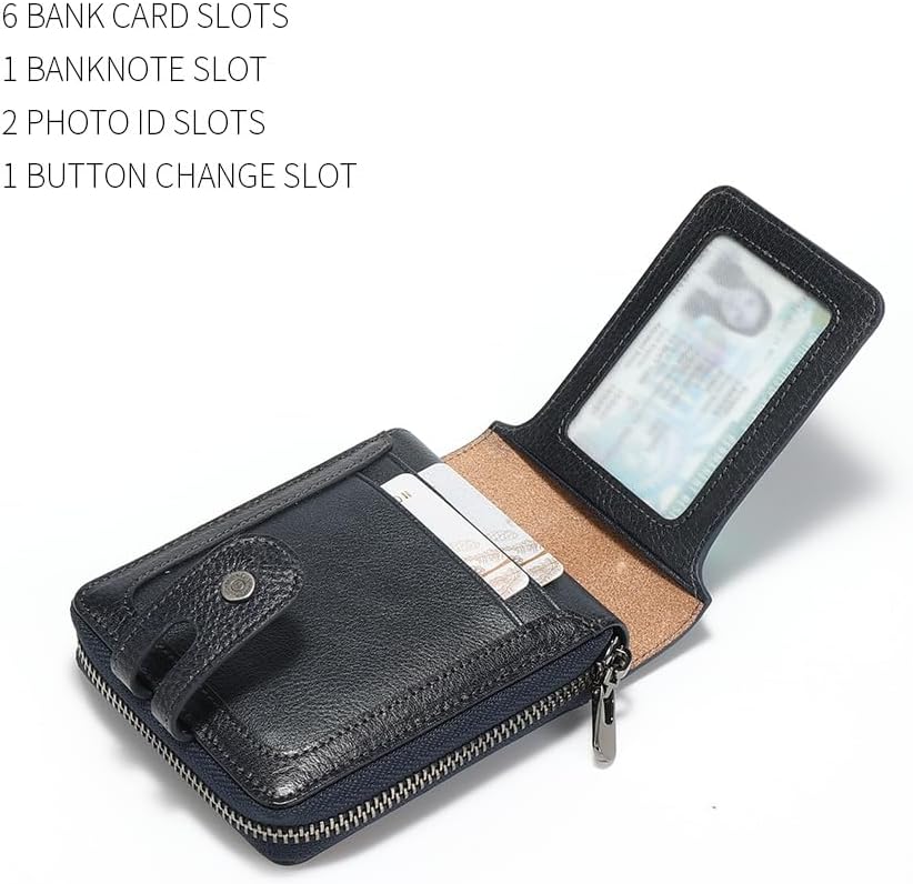Men's brand buckle driver's license zipper genuine leather wallet, large capacity, multifunctional coin pocket (Bluish grey)
