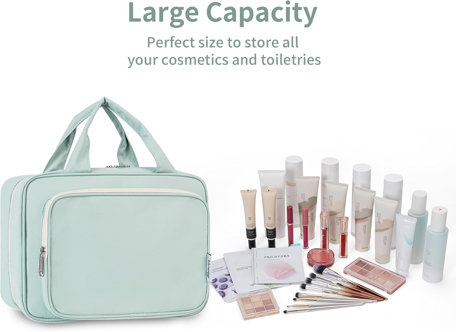 Travel Toiletry Bag for Women Large Hanging Makeup Bag Organizer Toiletries Bag for Full Size Essentials Accessories Cosmetics (Mint Green (Large))