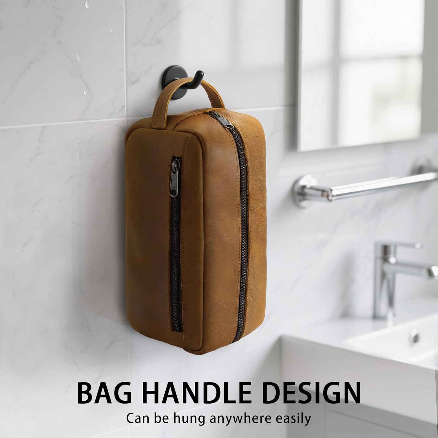 Ringsun Genuine Leather Toiletry Bag, Hanging Makeup Bag with Large Capacity for Women Men, Handcrafted Vintage Travel Toiletry Bag for Accessories, Shampoo, Full-size Container, Toiletries