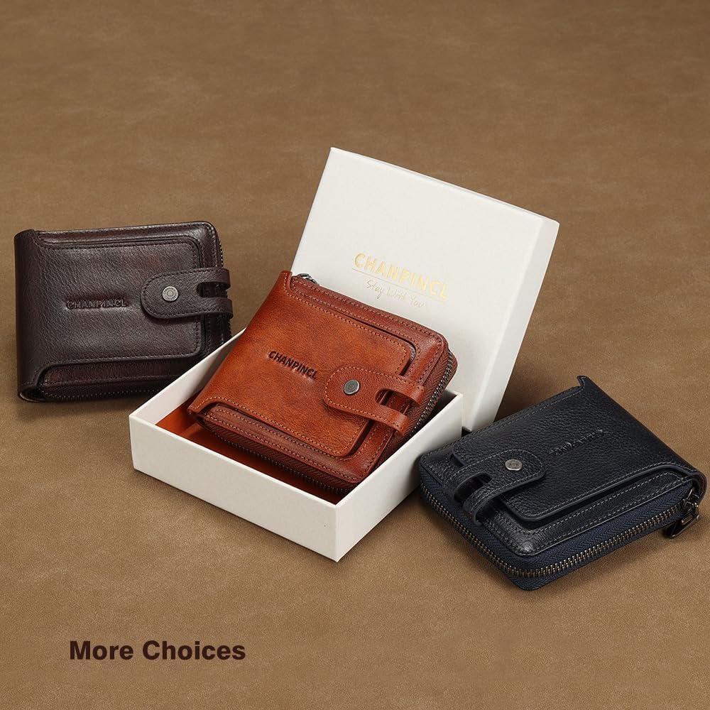 Men's brand buckle driver's license zipper genuine leather wallet, large capacity, multifunctional coin pocket (Yellowish brown)