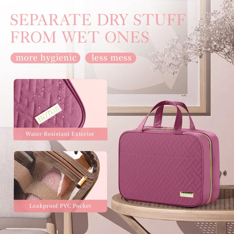 HOTOR Travel Toiletry Bag w/Hanging Hook - Spacious Toiletry Bag Essentials for Women & Men, Makeup Bag/Big Comparment, Waterproof for Travel Accessories, Medium, Rosewood-Pink