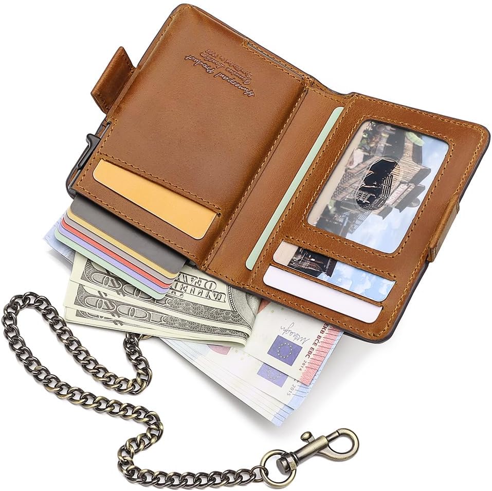 Mens Wallet Card Holder: Pop Up Aluminum Case, Genuine Leather, Smart, RFID Blocking, Slim, Minimalist, Front Pocket - 9-12Capacity (Brown)