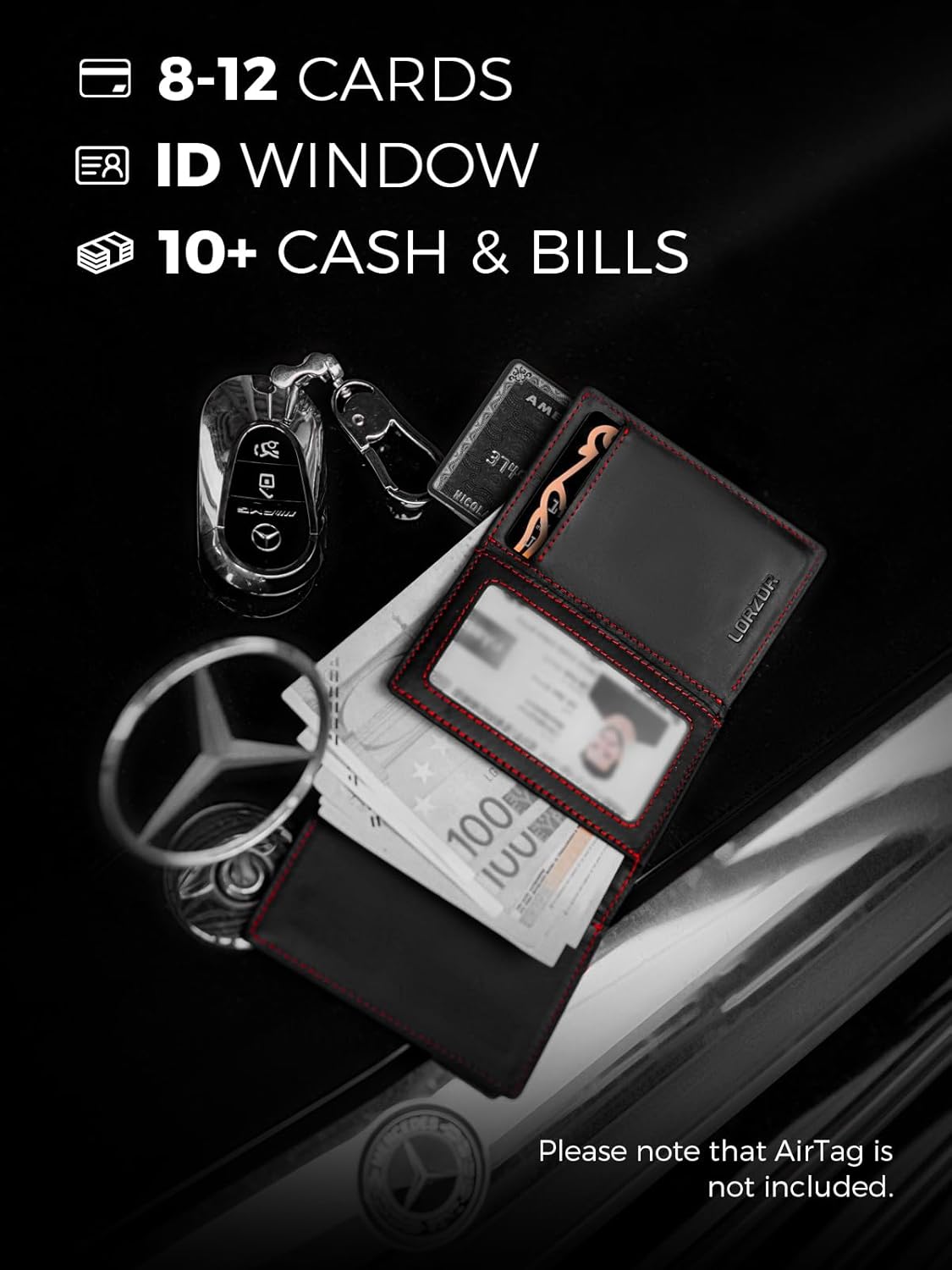 LORZOR Wallet for Men with Metal Card Holder, Pop Up Wallet, Finest Full Grain Leather Trifold Wallet, Smart, Minimalist, RFID Blocking, Front Pocket, ID Window, Black/Red