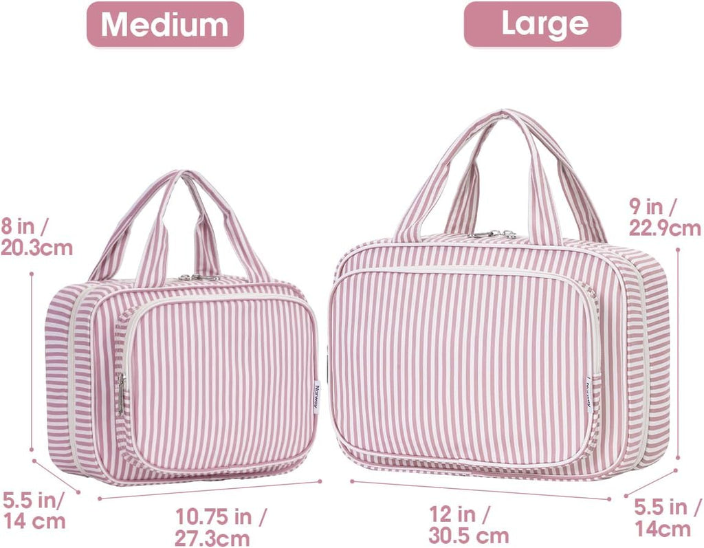 Narwey Striped Travel Toiletry Bag for Women Large Hanging Makeup Bag Organizer Toiletries Bag for Full Size Essentials Accessories Cosmetics (Dusty Pink Stripe (Large))