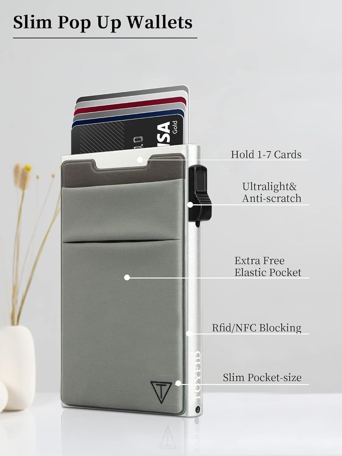 Slim Wallet for Men and Women,Pop Up Credit Card Wallet Metal Minimalist Cards Holder with Money Pocket,Small Ultralight Aluminum RFID Blocking Wallets 6-12 Card Capacity,Silver