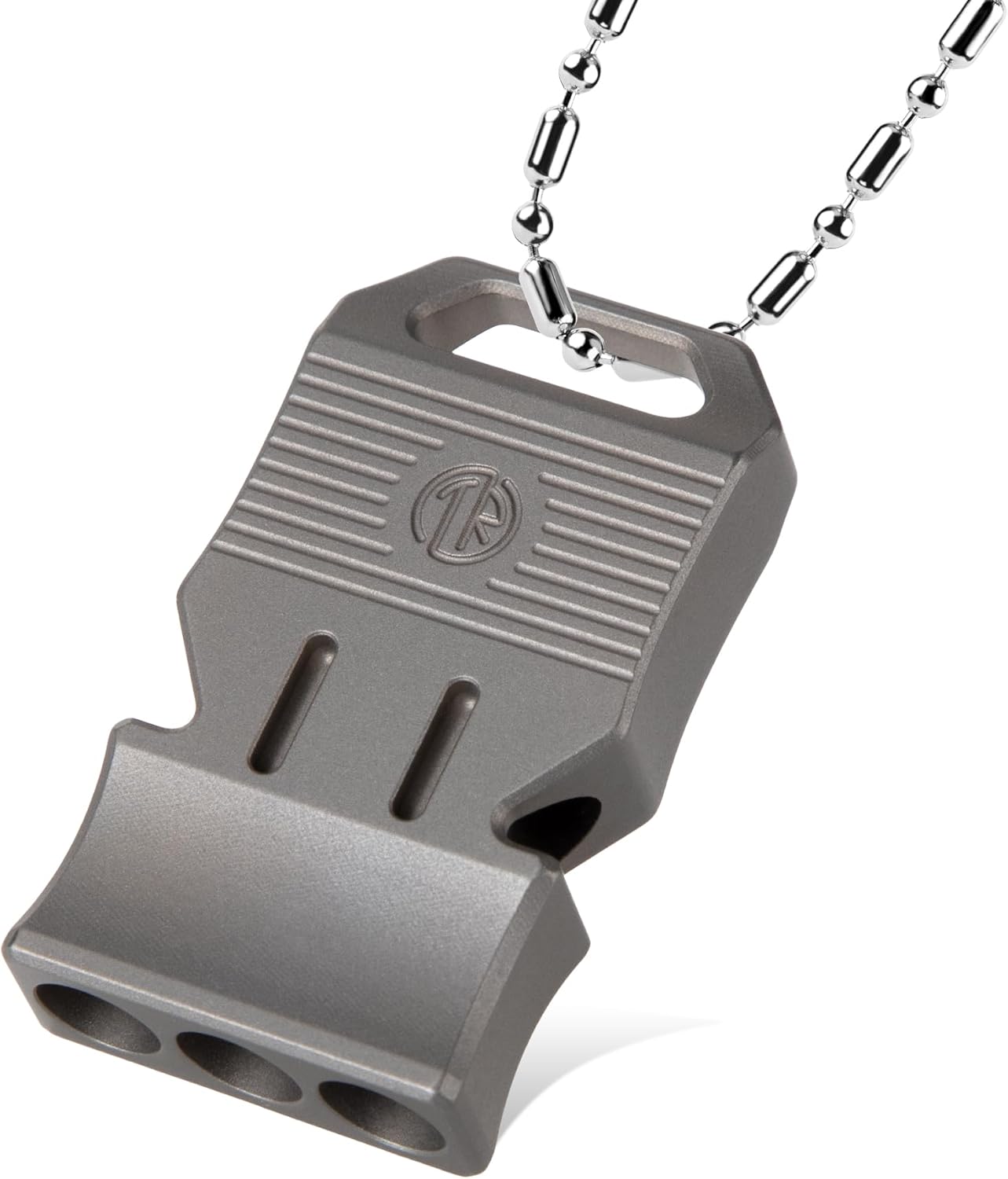 TACRAY Titanium Emergency Survival Whistle, Portable Necklace Whistle, Loud Whistle up to 120~130db, Good for Life Saving, Hiking, Camping, and Pet Training