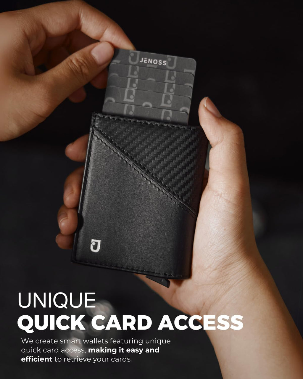 Jenoss Smart Wallet For Men: Full Grain Leather, Handcrafted, Slide Metal Pop Up Grey Case, Slim RFID Blocking Credit Card Holder, Minimalist Compact 12 Cards Slot Organizers ID Money Clip (Carbon)