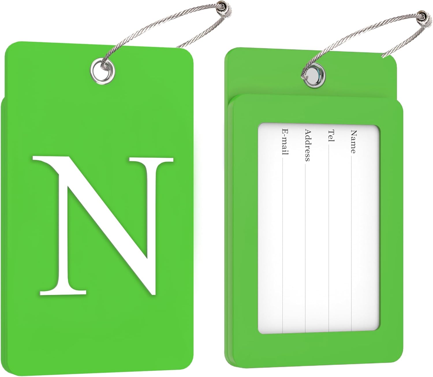 Gostwo 2 Pack Luggage Tags for Suitcases, 26 Initial Letter Travel Luggage Baggage Identification Labels ID Tag Fully Bendable Tags with Stainless Steel Loop (Green) (Letter N)
