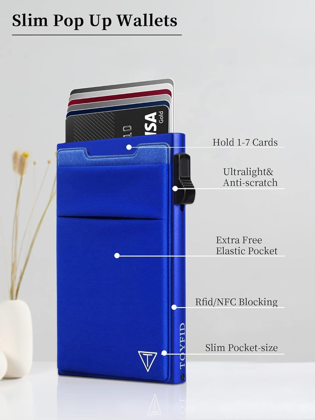 Aluminum Wallet for Men - RFID Protected, Scratch Resistant, Large Capacity, Extra Pocket, Sliding Button, Blue