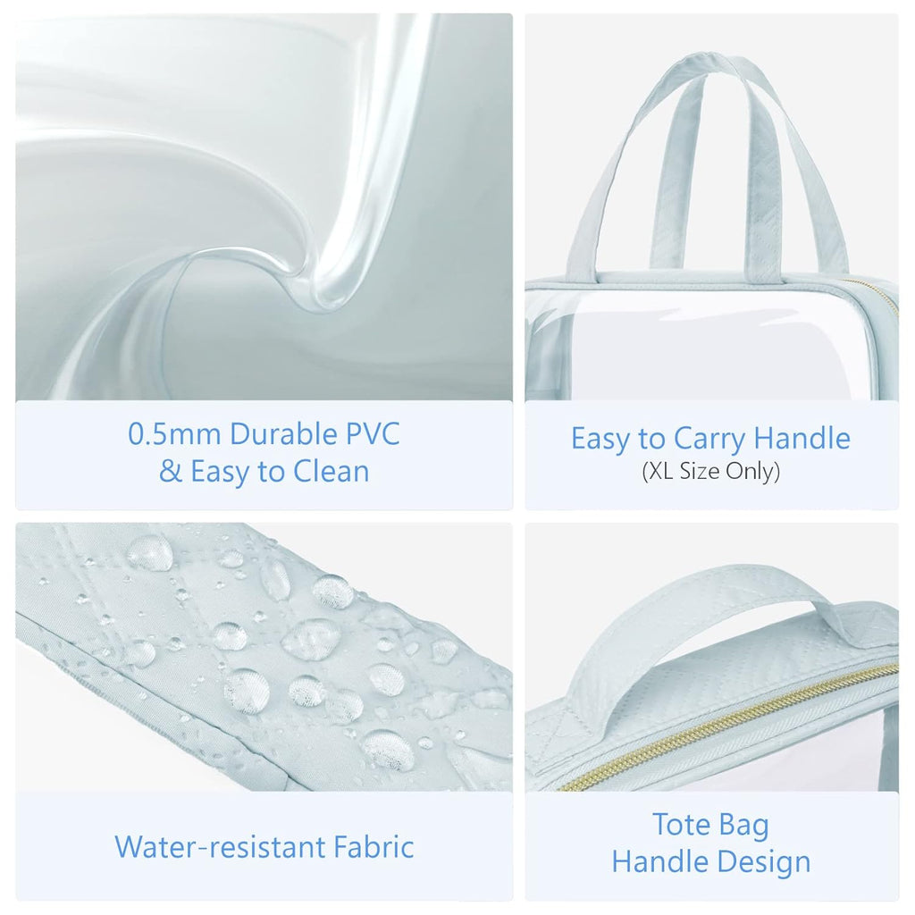 PACKISM Clear Toiletry Bags - 3 Pack Makeup Bags with Handle, Large Opening, Waterproof Cosmetic Bags for Travel Essentials, Grayish Blue