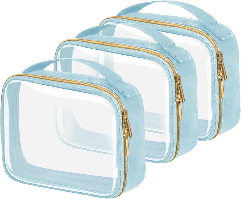 TSA Approved Travel Toiletry Bag,3 Pack Clear Makeup Bags with Handles,Quart Size Clear Cosmetic Bags for Traveling Women,Men,Carry on Airport Airline Compliant Bag,Blue