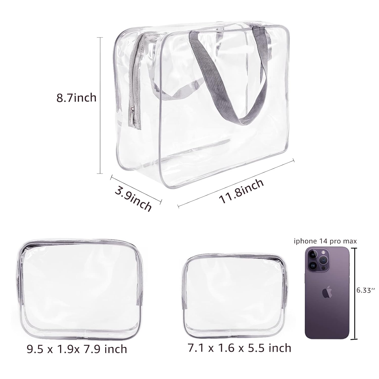 3Pcs Crystal Clear PVC Travel Toiletry Bag Kit for Women Men, Waterproof Vinyl Packing Organizer Storage Bags with Zipper Handle Straps, Cosmetic Pouch Carry on Airport Airline Compliant Bag Handbag