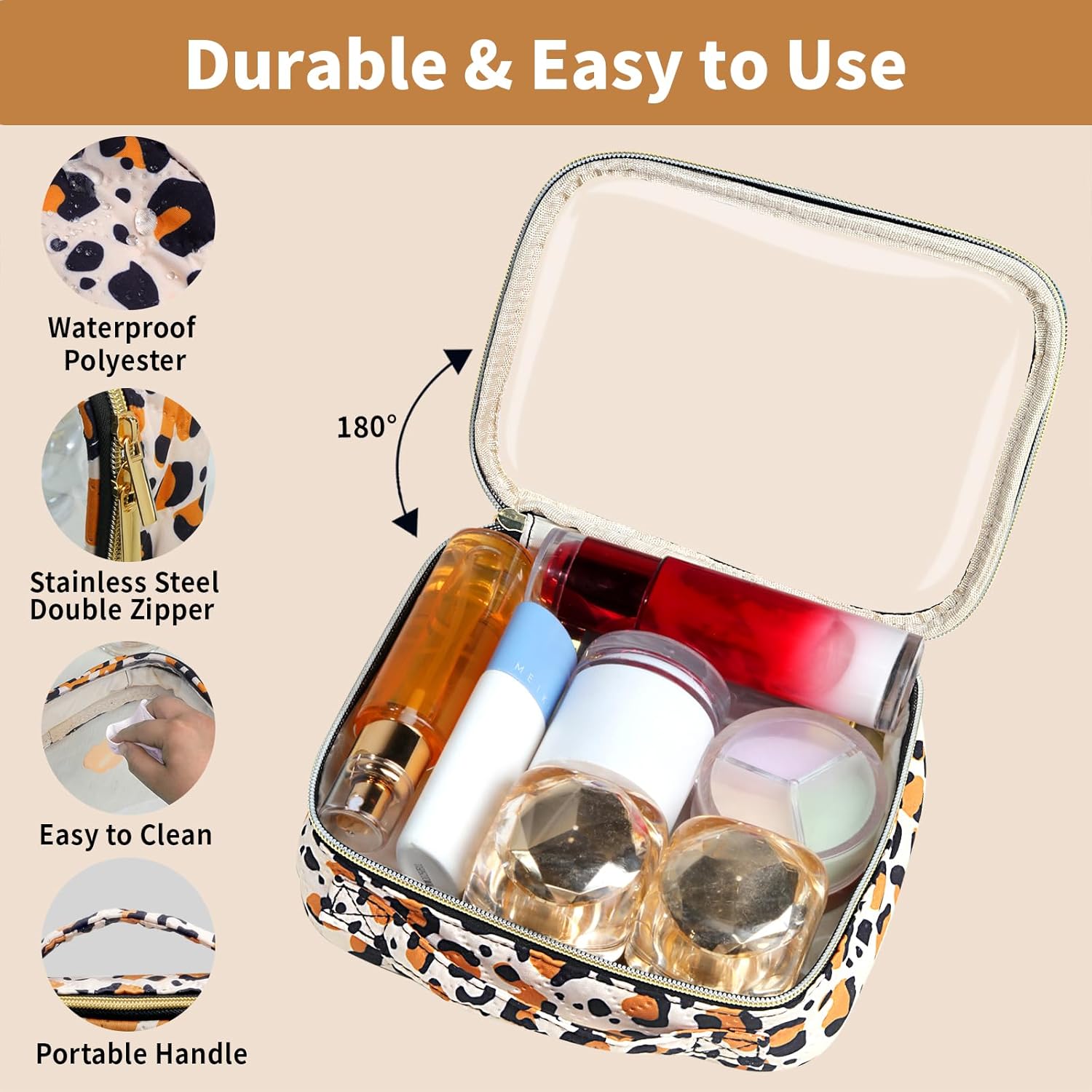 Travel Toiletry Bag,2 Pack Clear Makeup Bags with Handles,180°Opening Clear Cosmetic Bags for Traveling Women,Men,Travel Essentials,Leopard
