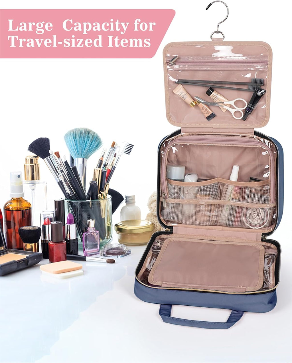 Blue Toiletry Bag, Makeup Organizer, Travel Bag For Women Mens Toiletries, Waterproof with Hanging Hook, Large Capacity