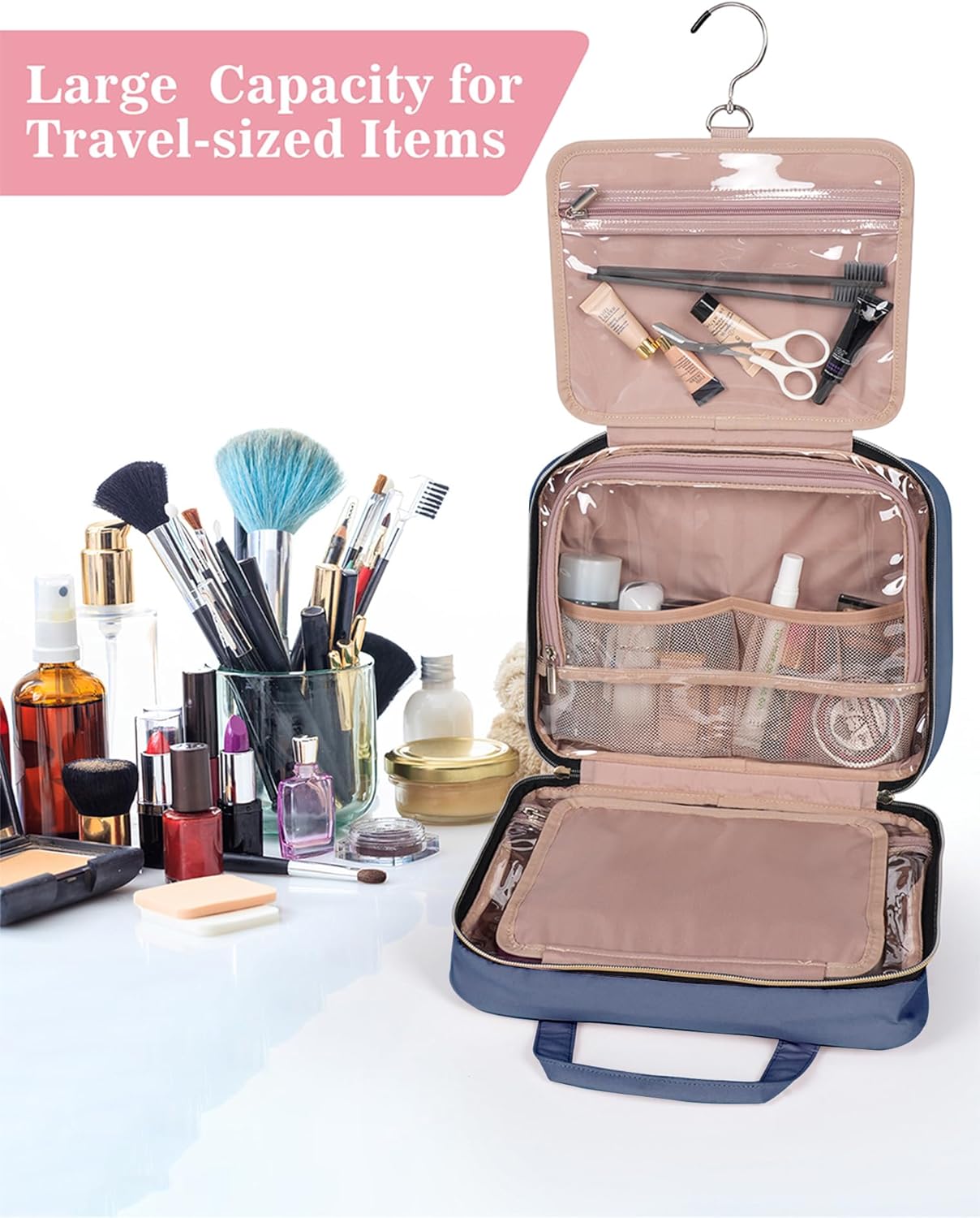 Blue Toiletry Bag, Makeup Organizer, Travel Bag For Women Mens Toiletries, Waterproof with Hanging Hook, Large Capacity