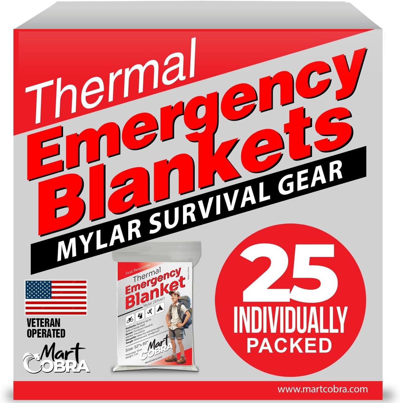 Mart Cobra Emergency Blanket 25-Pack Space Mylar Blankets Survival Gear and Supplies Reusable Thermal Camping Essentials Hiking First Aid Car Emergency Kit Prepper Foil Bug Out Bag Warm Cat Cold Snow