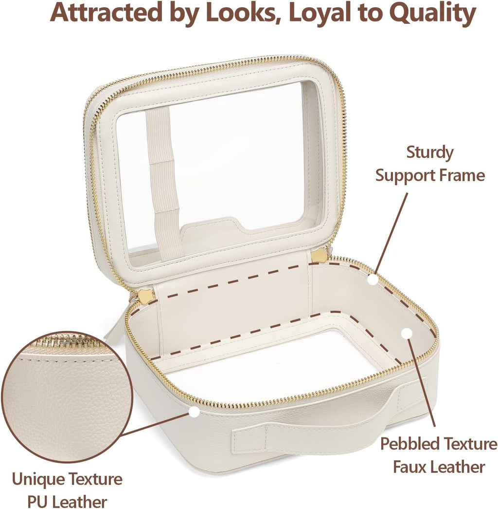 PACKISM Double Layer Clear Makeup Bag - Pebbled Texture & Hard PU Leather Car Bag Organizer for Car Essentials, with Message Card Travel Cosmetic Bag for Women Gift (Cream 2 Layer)