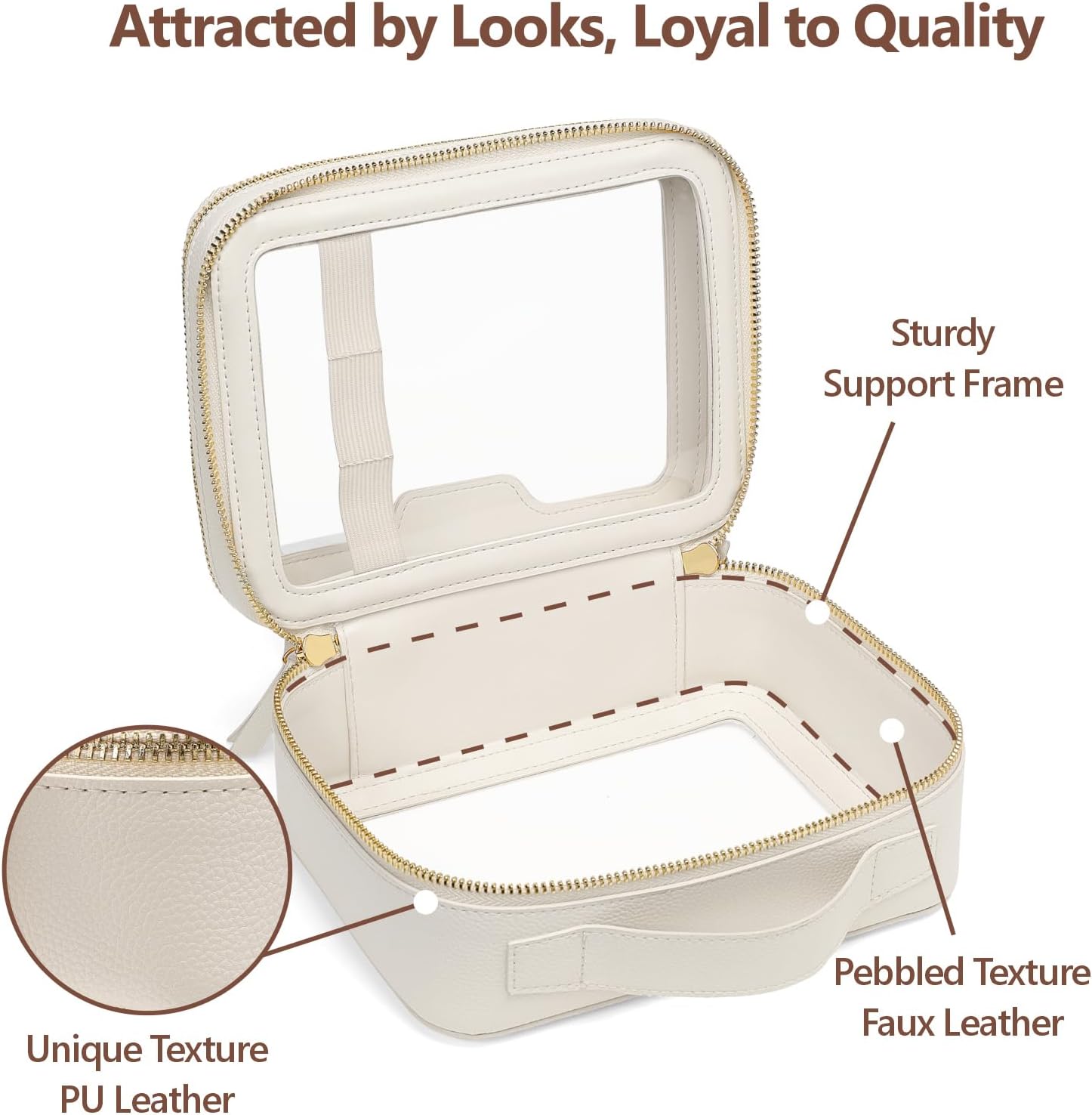 PACKISM Double Layer Clear Makeup Bag - Pebbled Texture & Hard PU Leather Car Bag Organizer for Car Essentials, with Message Card Travel Cosmetic Bag for Women Gift (Cream 2 Layer)