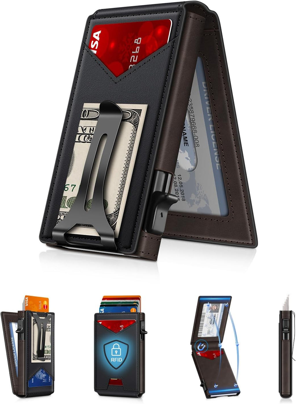 Wallet for Men RFID Wallet with Money Clip, Slim Pop Up Card Holder for 10-12 Cards, Minimalist Smart Credit Card Case with ID Window, Bifold Metal Wallet for Front Pocket, Gifts for Men