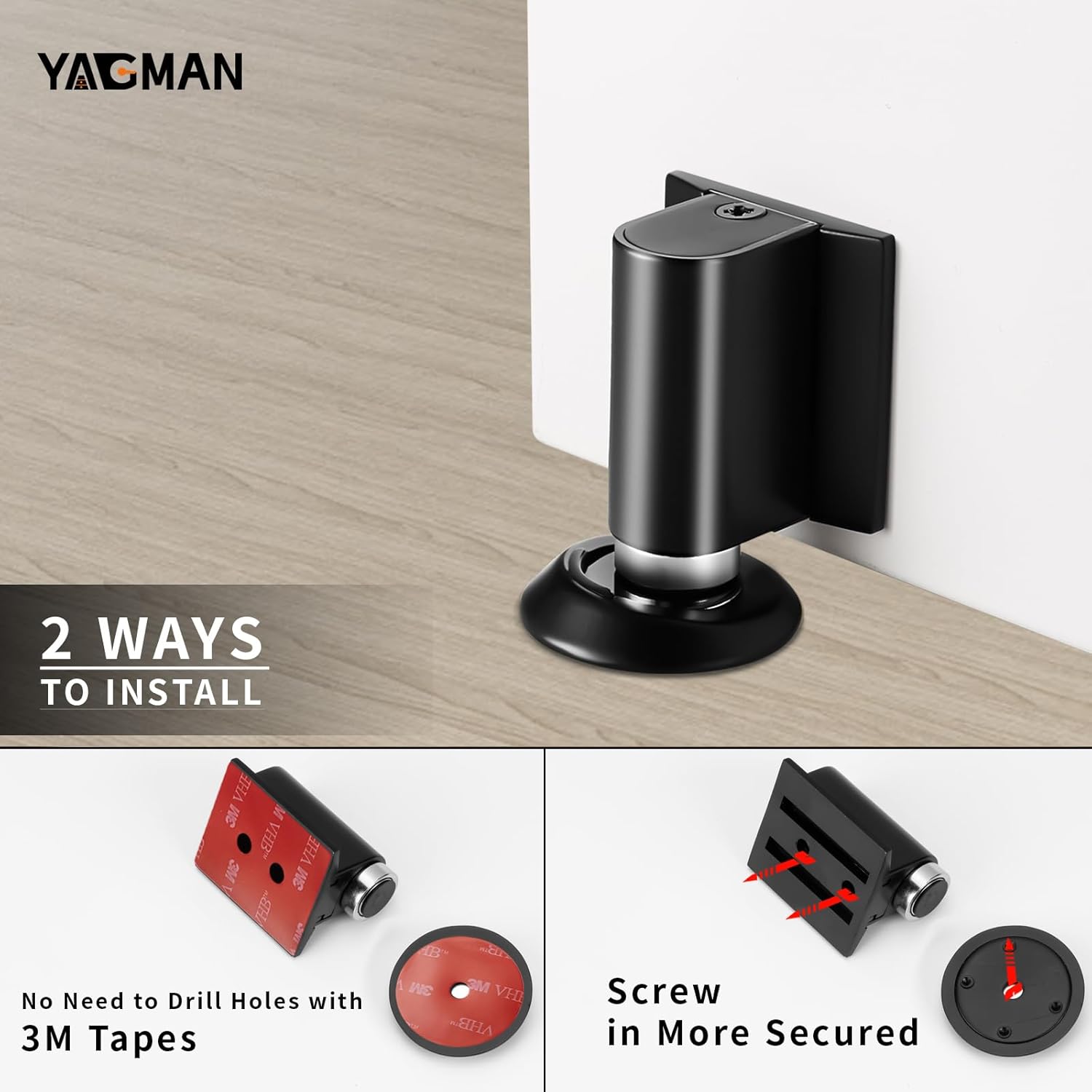 1 Pack Magnetic Door Stoppers Retractable Bottom of Door Holder No Drilling Mount Floor Door Stop with Screws and Adhesive Catch Door Keep Door Open Matte Black MB-1