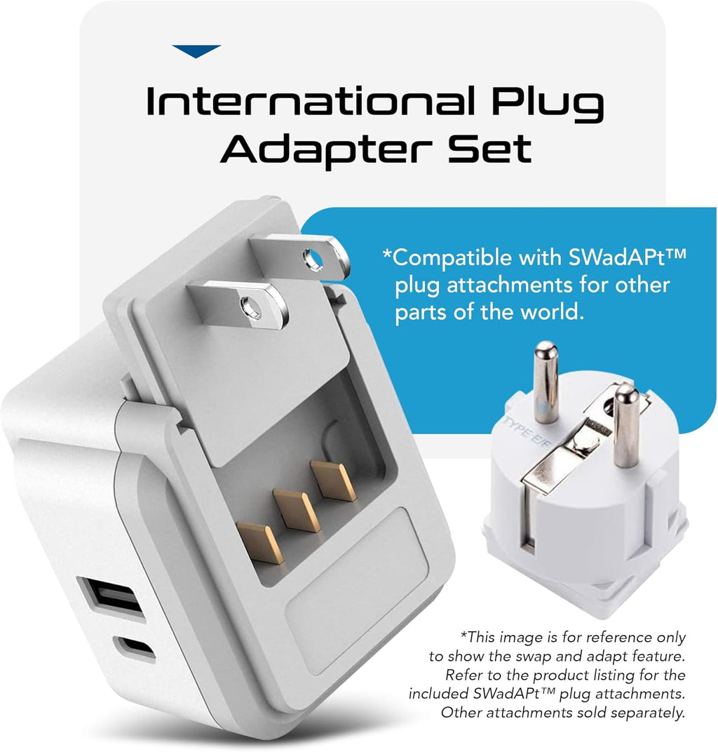 Ceptics International Power Plug Adapter Travel Set, 20W PD & QC, Safe Dual USB & USB-C 3.1A - 2 USA Outlet - Compact - Use Europe, Asia, Africa In Worldwide - Includes 13 Type SWadAPt Attachments