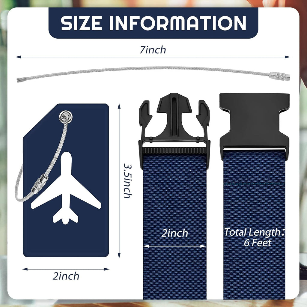 Weewooday 8 Pcs Luggage Straps Suitcase Tags Set for TSA Approved, 4 Travel Adjustable Suitcase Belt, 4 Silicone Luggage Tags with Name ID Card Travel Accessories(Dark Blue,Airplane)