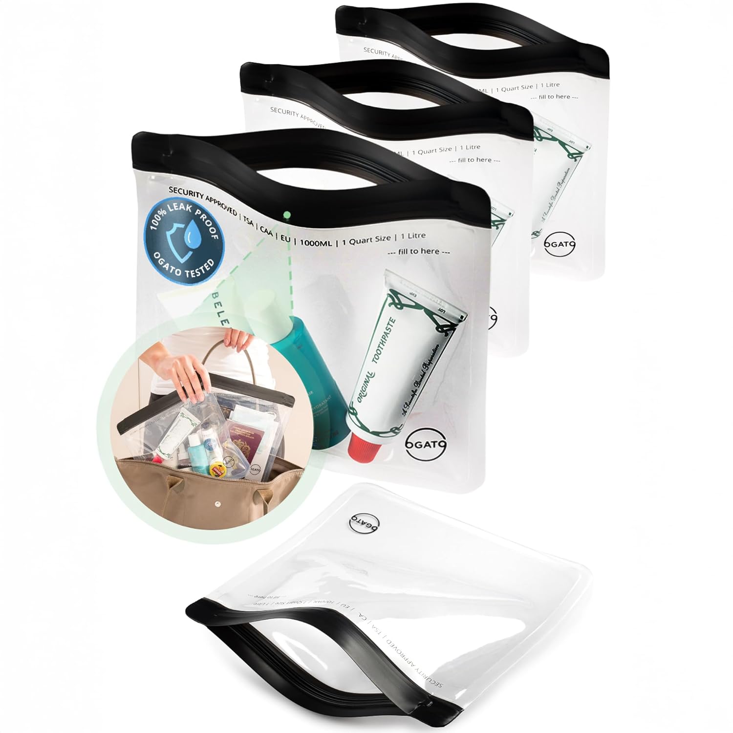 Ogato 3pcs - Clear TSA Approved Toiletry Bag - Our Quart Size Clear Toiletry Bags are Security Approved Worldwide for Liquids & Cosmetics - 100% 3-1-1 Compliant Travel Bags for Toiletries