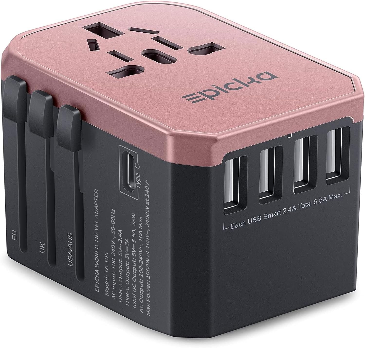 EPICKA Universal Travel Adapter, European Travel Plug Adapter - International Power Adapter Worldwide Charger with USB-C & 4 USB-A Ports, Travel Essentials for Italy, UK, Japan (TA-105, Rose Gold)
