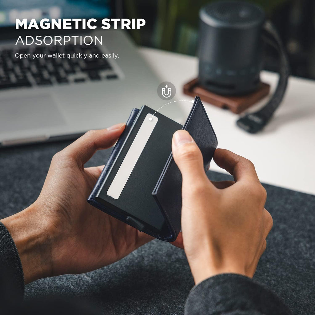 VULKIT Pop up Card Wallet Minimalist Cash Wallets RFID Blocking Leather Smart Credit Card Holder with ID window for Men(Navy)