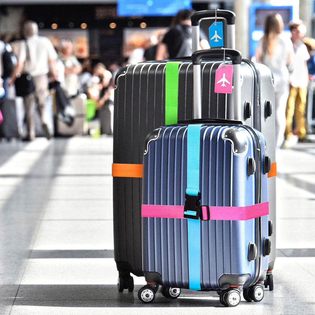 Weewooday 8 Pcs Luggage Straps Suitcase Tags Set for TSA Approved, 4 Travel Adjustable Suitcase Belt, 4 Silicone Luggage Tags with Name ID Card Travel Accessories(Blue, Pink, Green, Orange,Airplane)