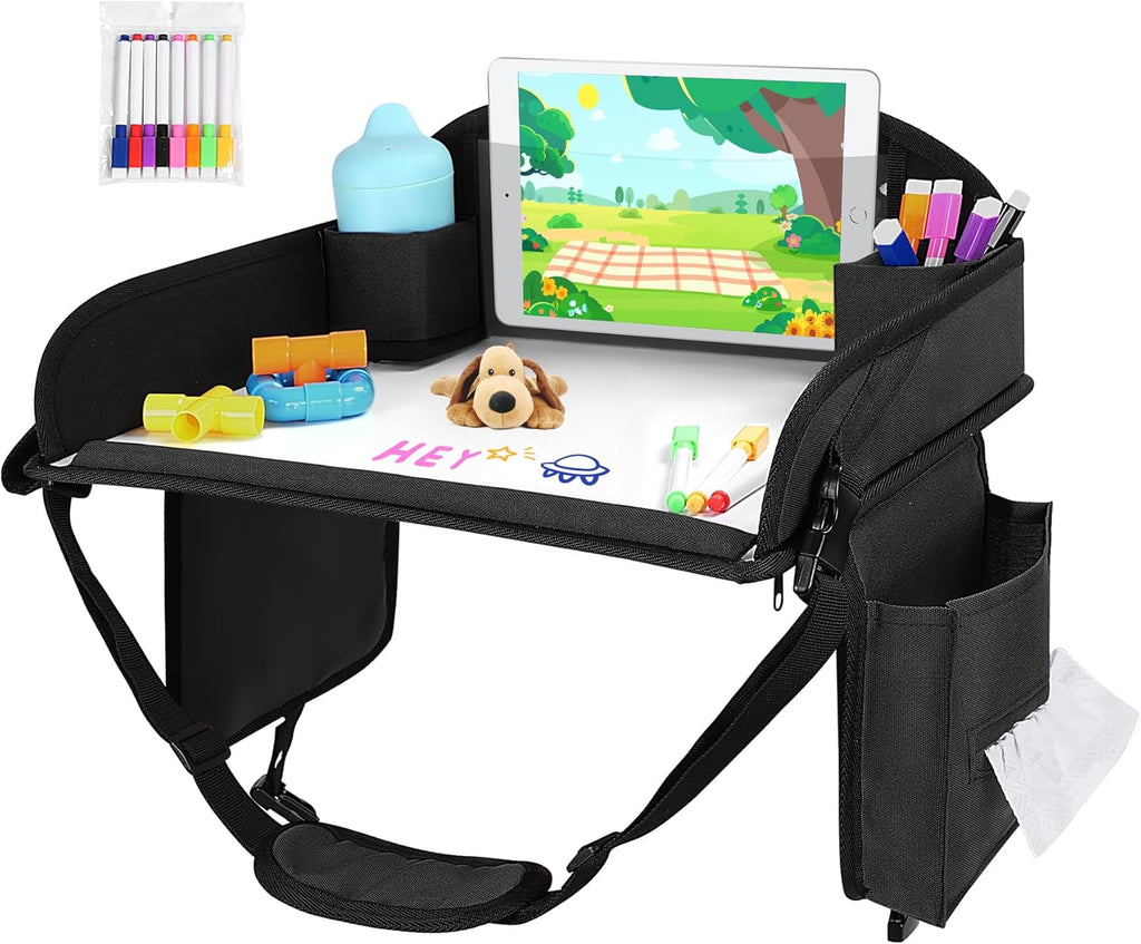 Kids Travel Tray for Car Seat, Toddler Road Trip Essentials With Drawing Kit, Travel Activities Must Haves (Black)