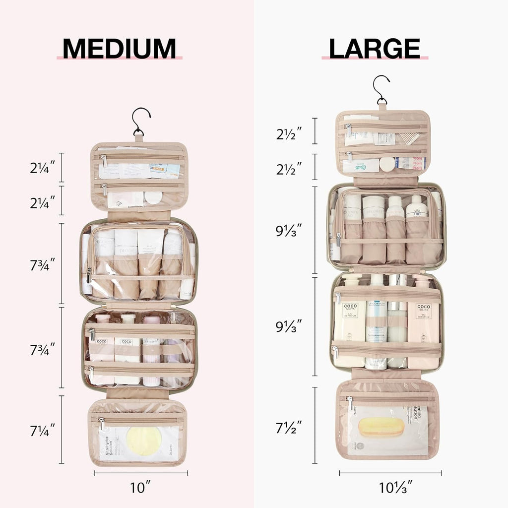 BAGSMART Toiletry Bag Hanging Travel Makeup Organizer with TSA Approved Transparent Cosmetic Bag Makeup Bag for Full Sized Toiletries, Large-Camel