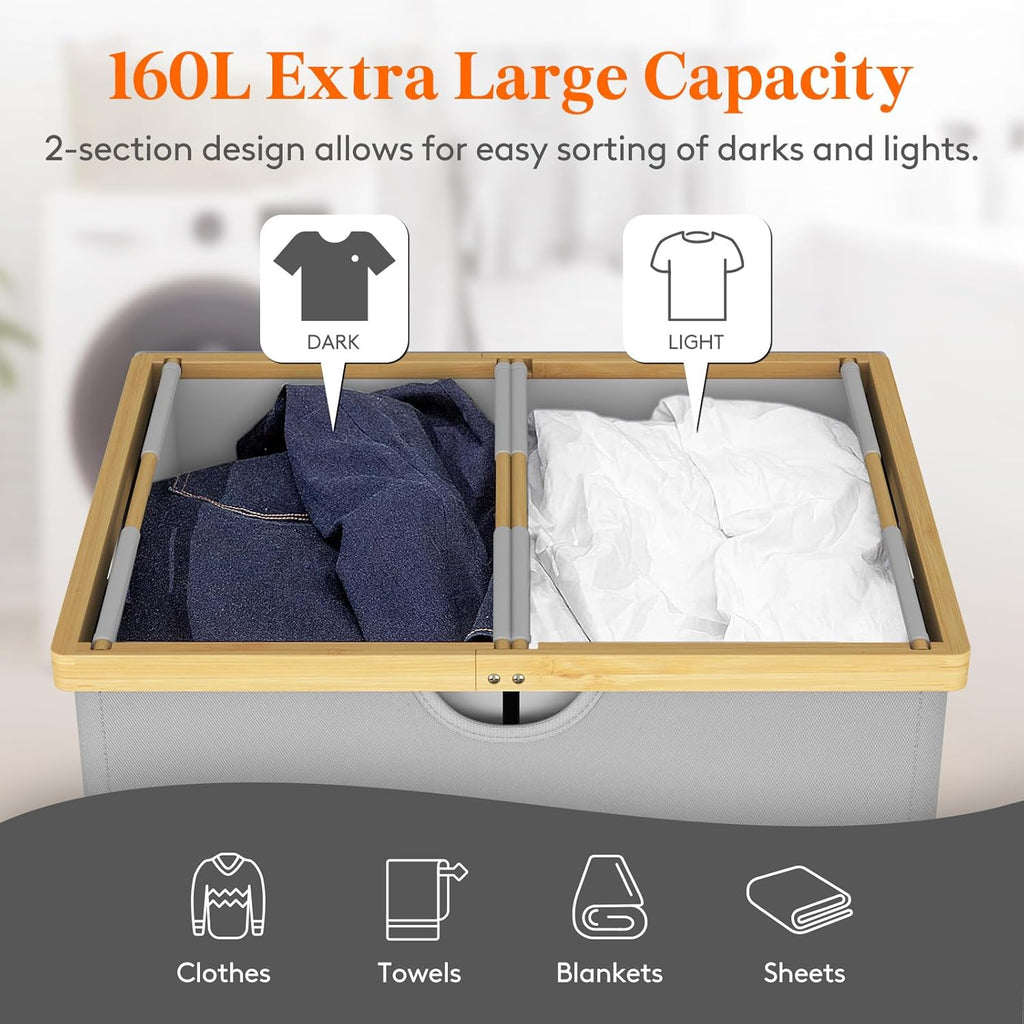 Lifewit 160L Double Laundry Hamper with Lid, Extra Large Bamboo Laundry Basket Dirty Clothes Hamper, 2 Section Laundry Bin Organizer for Laundry Room Bedroom with 2 Removable Liners & Bags,Silver Grey