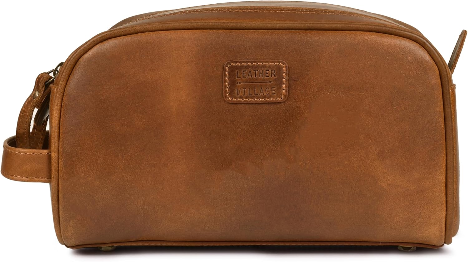 LEATHER VILLAGE Premium Leather Toiletry Travel Pouch With Waterproof Lining - Sun Tan | King-Size Handcrafted Vintage Dopp Kit Bag