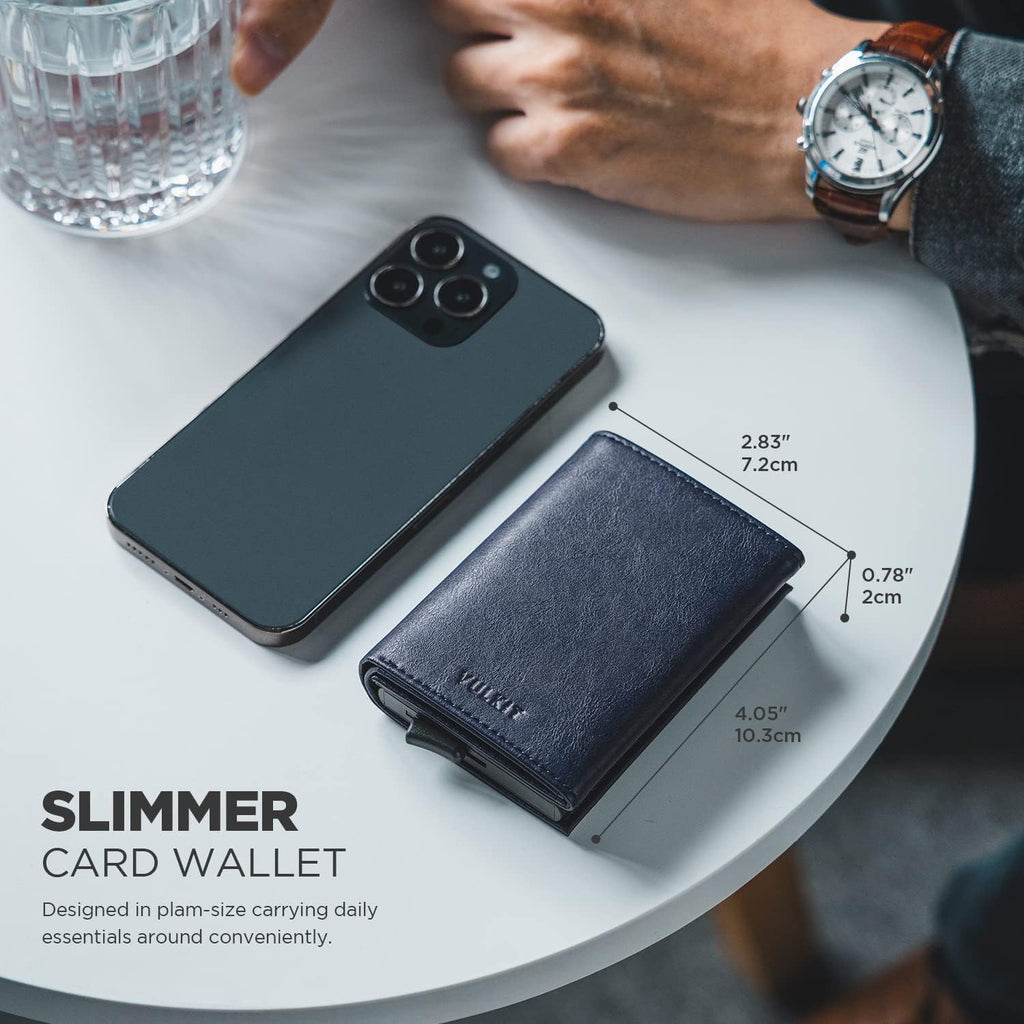 VULKIT Pop up Card Wallet Minimalist Cash Wallets RFID Blocking Leather Smart Credit Card Holder with ID window for Men(Navy)