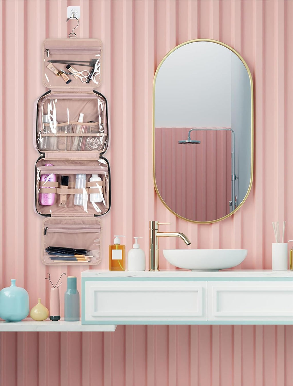 Toiletry Bag for Women, Travel Toiletry Bag with Hanging Hook Makeup Organizer, Waterproof Large Capacity Travel Bag for Accessories, Shampoo, Full Sized Container, Toiletries,Pink