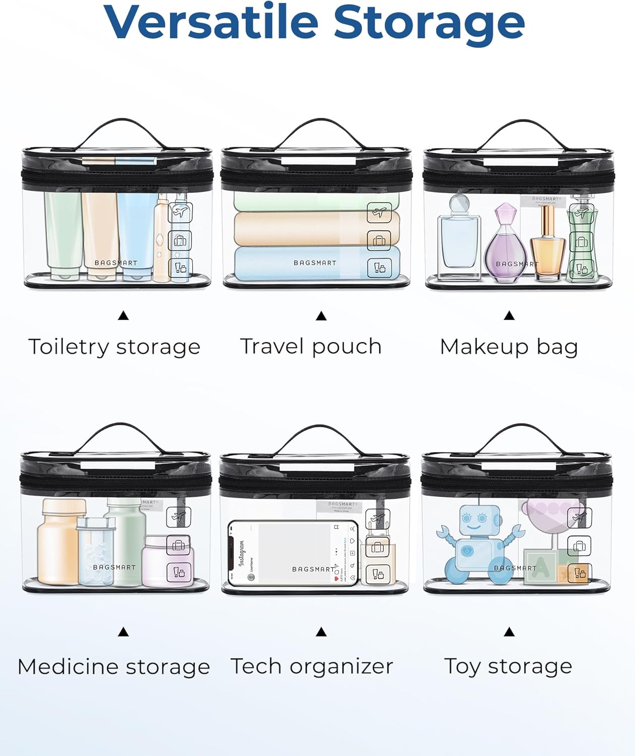 BAGSMART TSA Approved Toiletry Bag, 3 Pack Clear Makeup Cosmetic Bag Organizer, Quart Size Travel Bag for Toiletries, Carry-on Travel Accessories Essentials, Gray-3pcs