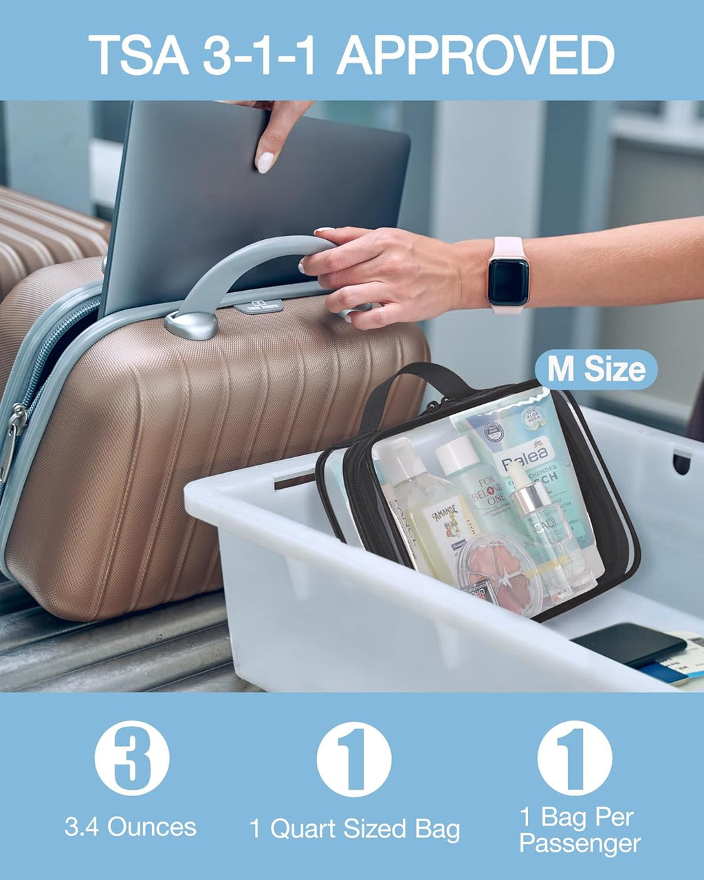 BAGSMART TSA Approved Clear Toiletry Bag, 3 Packs Quart Size Water Resistant Makeup Cosmetic Bags for Women, Airport Airline Travel Essential Carry On Organizer with Handle Large Opening, Black