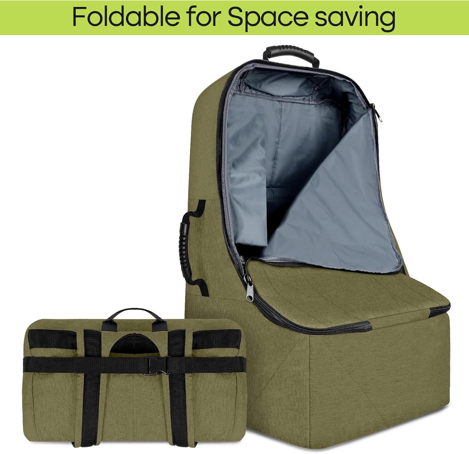 Padded Car Seat Travel Bag for Airplane, Heavy Duty Backpack for Air Travel, Water-Resistant Carrier with Shoulder Strap, Fits Most Car Seats (Green)