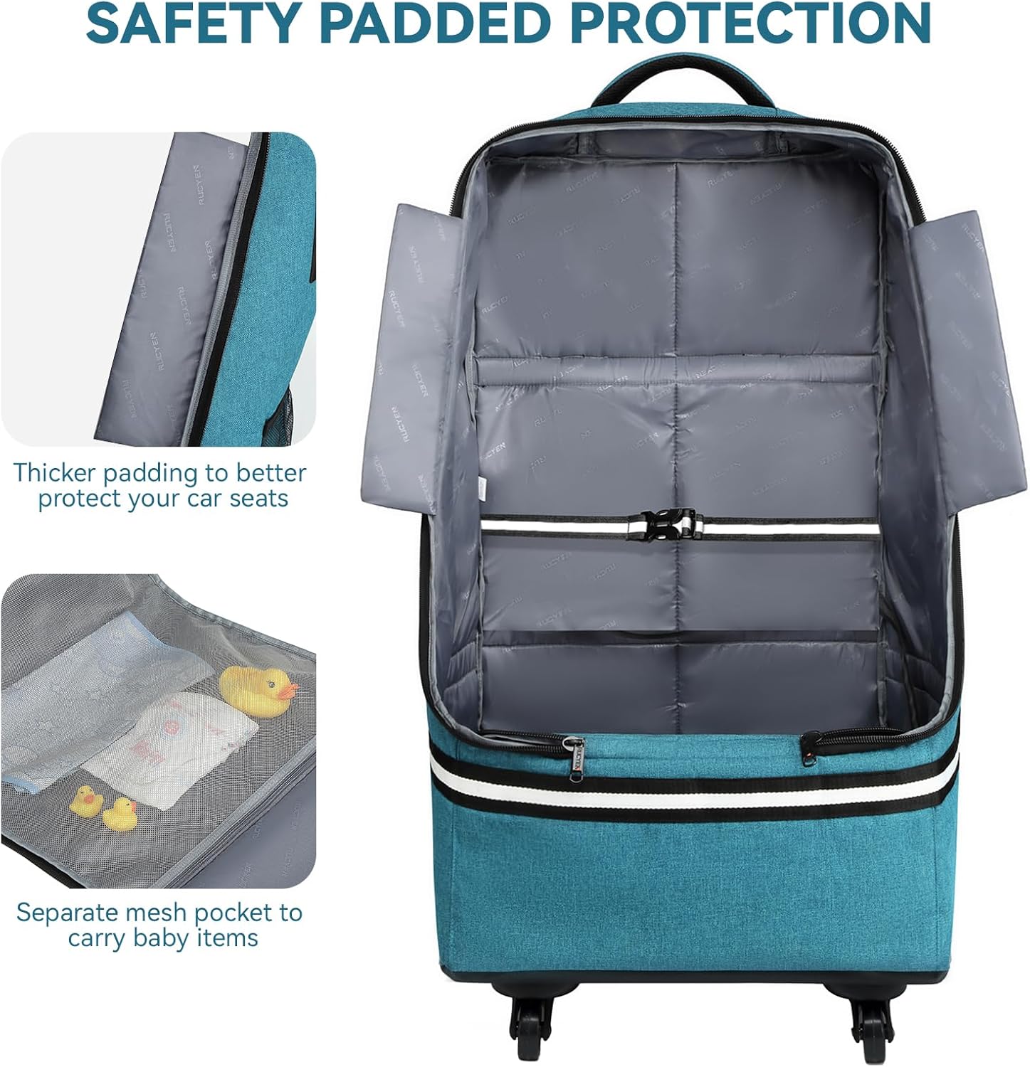 Rolling Car Seat Travel Bag, Padded Carseat Travel Backpack for Airplane,Large Durable Carseat Travel Bag with 4 Wheels,Adjustable Shoulder Strap and Waterproof Base Blue