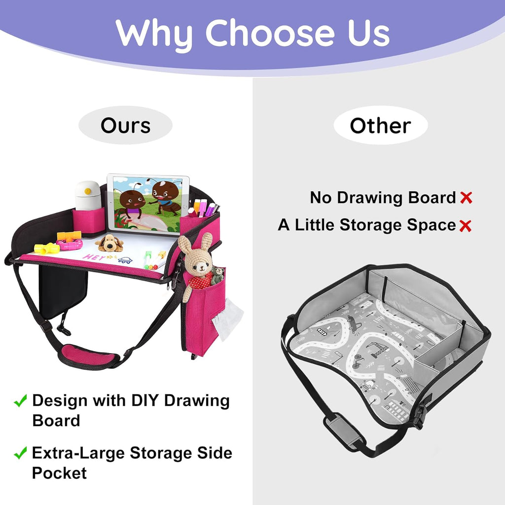‎Kids Travel Tray, Kids Travel Trays for Car Seat, Road Trip Essentials for Toddler, Carseat Lap Tray with Dry Erase Board & Storage Organizer for Road Trip Activities for Kid, Pink