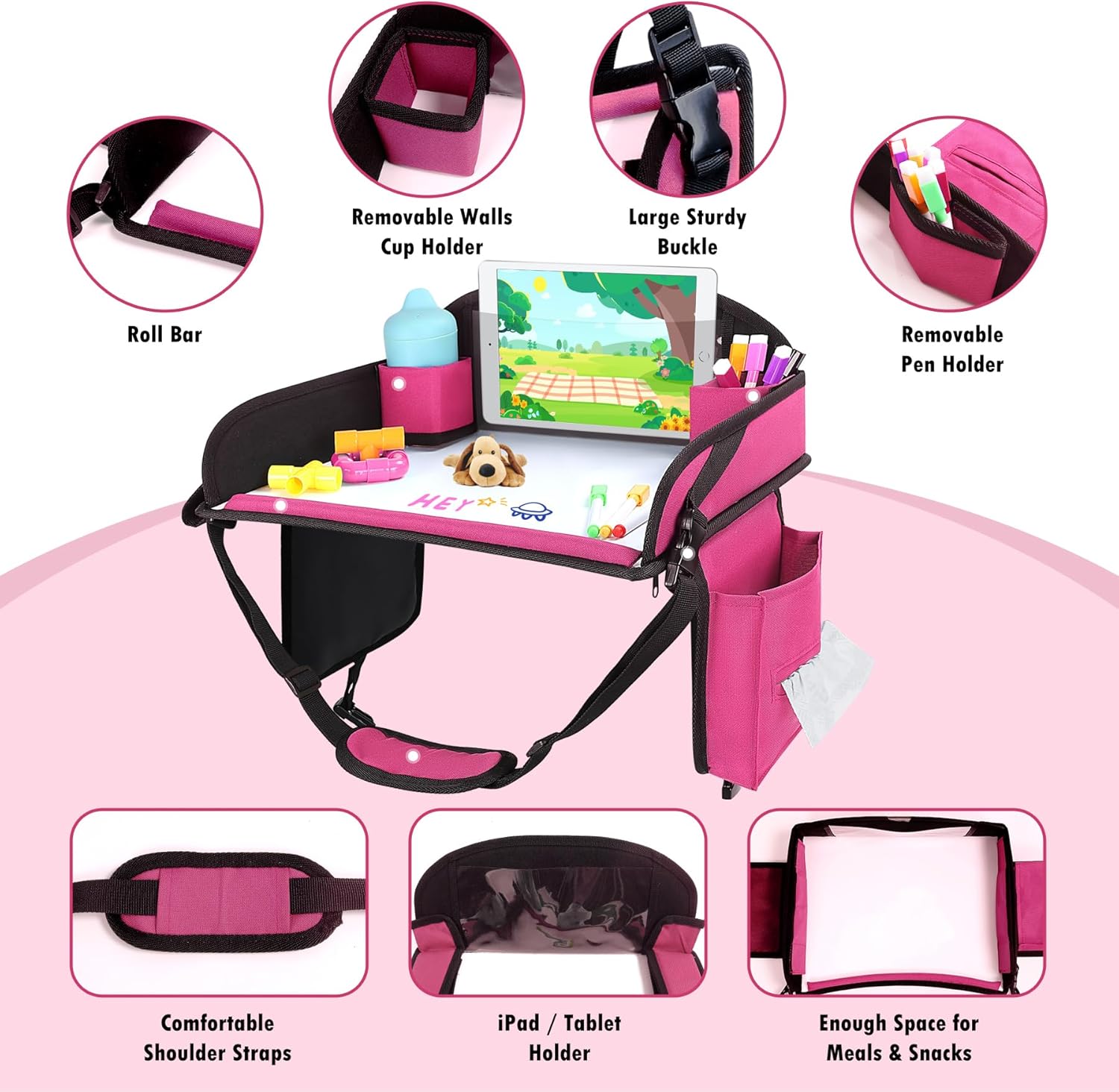 Kids Travel Tray, Travel Tray For Kids Car Seat, Toddler Road Trip Essentials With Drawing Kit, Carseat Tray For Kids Travel, Travel Activities Road Trip Must Haves For Kids (Pink)