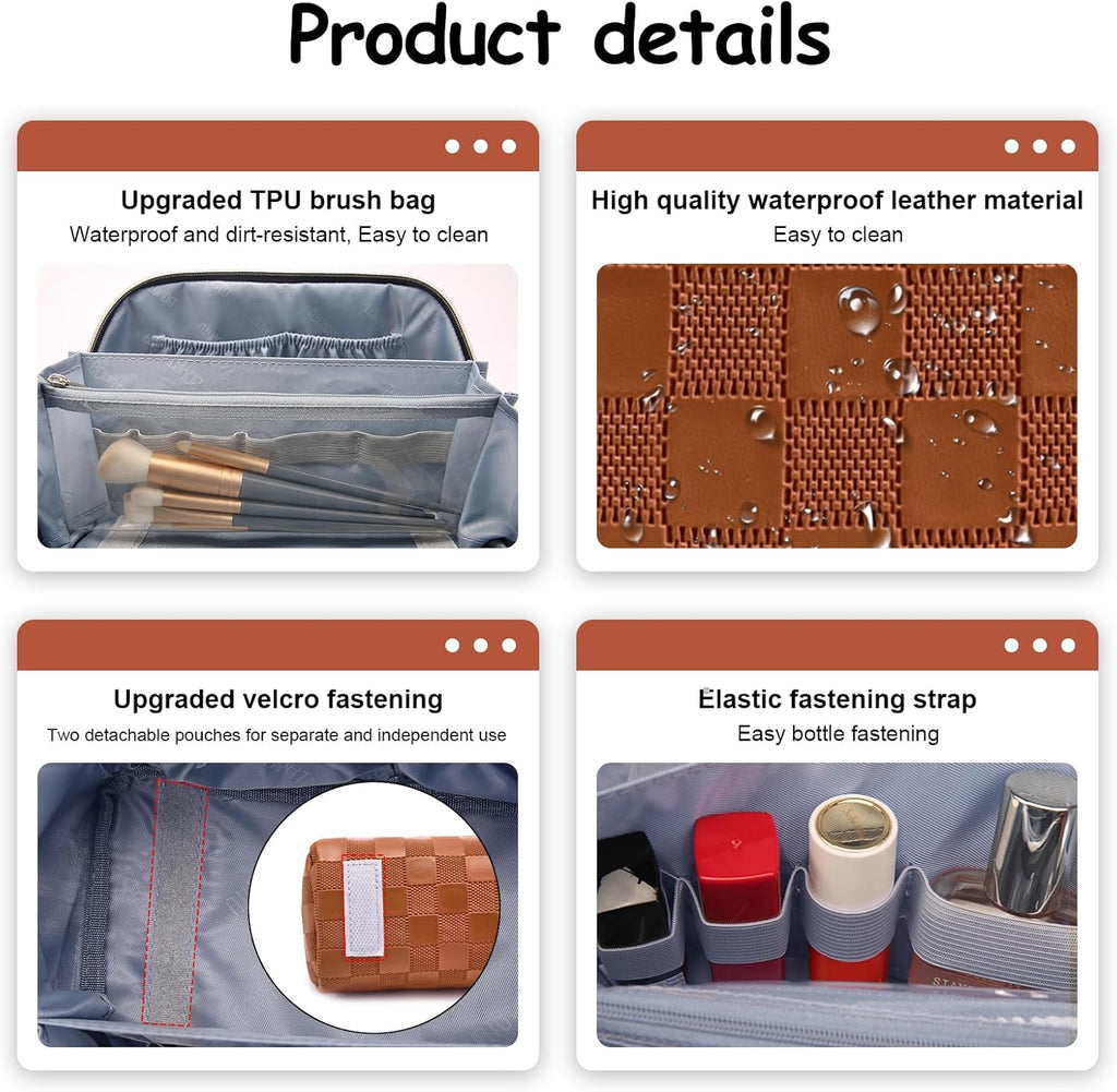 Travel Makeup Bag Organizer Cosmetic Bag: 3 Pcs Set Make up Bags for Women with Handle - Waterproof Vegan Leather Toiletry Bags with Comparments (C-10-Brown)