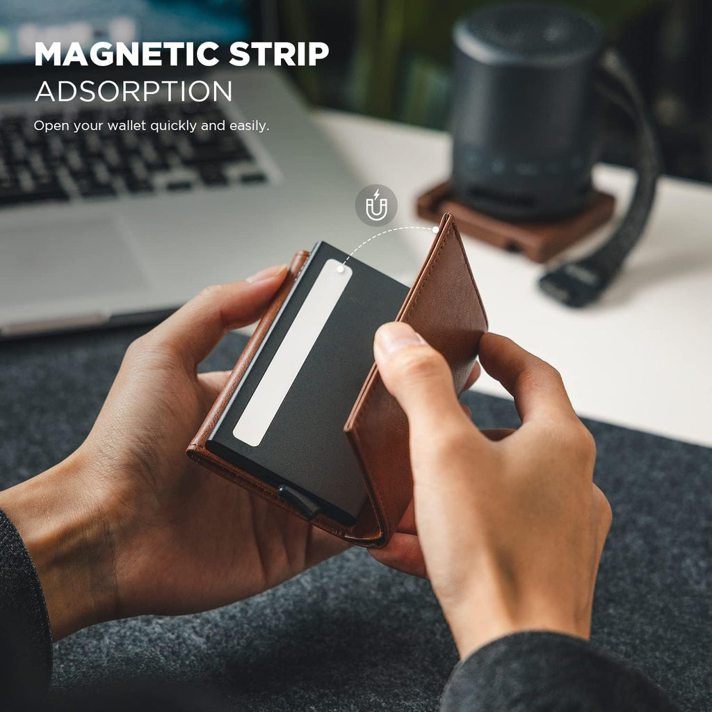 VULKIT Pop up Card Wallet Minimalist Cash Wallets RFID Blocking Leather Smart Credit Card Holder with ID window for Men(Brown)