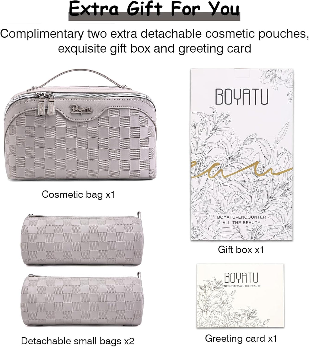 Travel Makeup Bag Organizer Cosmetic Bag: 3 Pcs Set Make up Bags for Women with Handle - Waterproof Vegan Leather Toiletry Bags with Comparments (C-13-Gray)