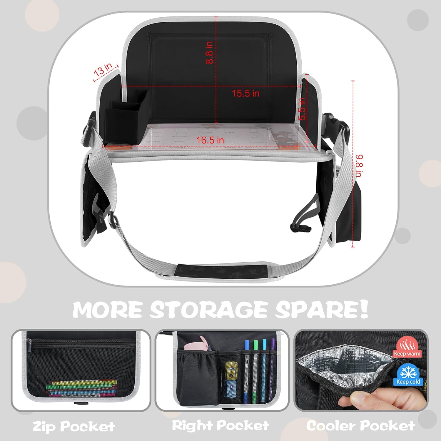 MENZOKE Car Seat Tray for Kids with Large Educational Drawing Board, Tablet Stand & Cooler Cup Holder, Essential for Family Road Trips, Airplane Rides & Daily Commutes, Black